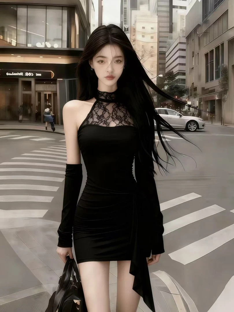 秋季新款轻奢时尚性感辣妹风黑色蕾丝圆领长袖修身收腰包臀连衣裙