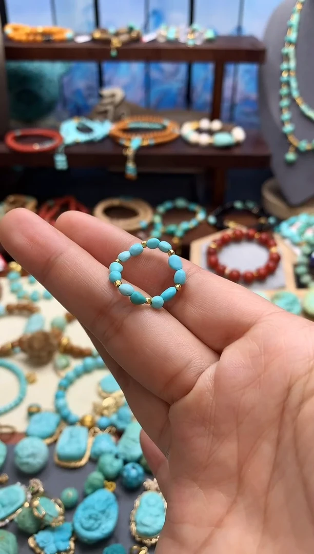 银S925镶嵌绿松石戒指精品绿松石糖豆戒指