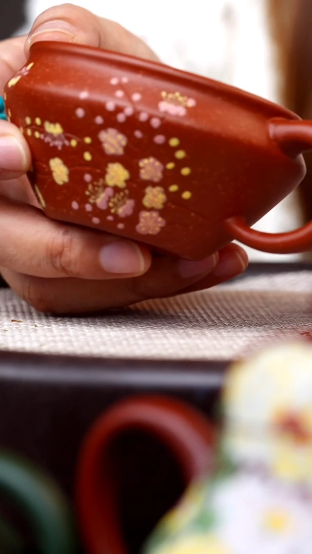 茶壶紫砂降坡泥手把杯彩刻梅花