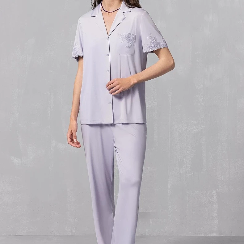 爱MU家丝滑裸感纯色蕾丝翻领套装长裤短袖舒适可外穿家居服时尚