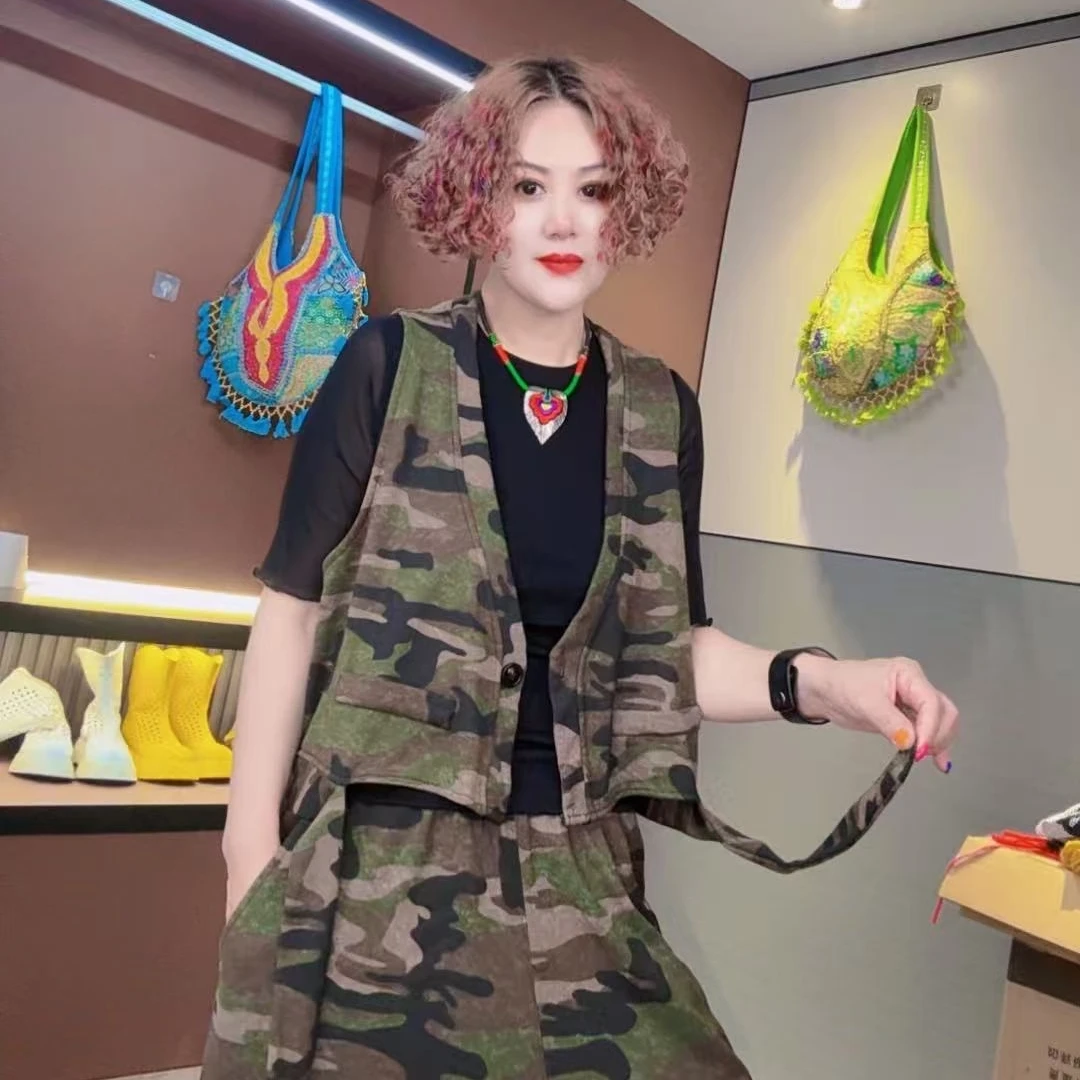 {欧洲站}梦姐同款时尚洗水牛仔迷彩马夹