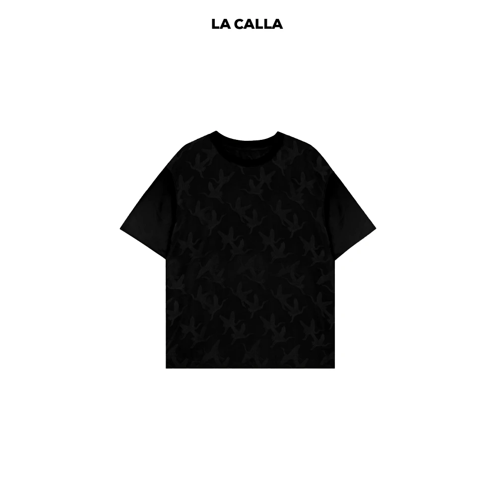LA CALLA黑鹤T新中式黑色圆领重工休闲夏季满印百搭短袖T恤YY830