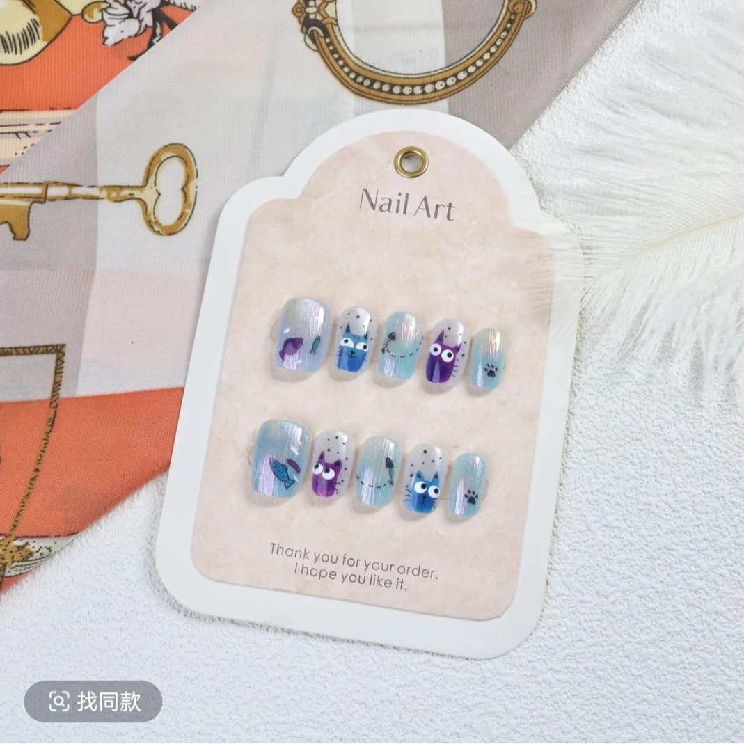 【猫鱼抽象版】猫纯手工穿戴甲指甲贴片美甲假指甲