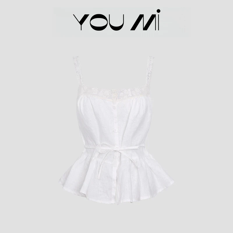 夏季时尚上衣女蕾丝拼接纽扣亚麻吊带休闲百搭修身无袖上衣1134