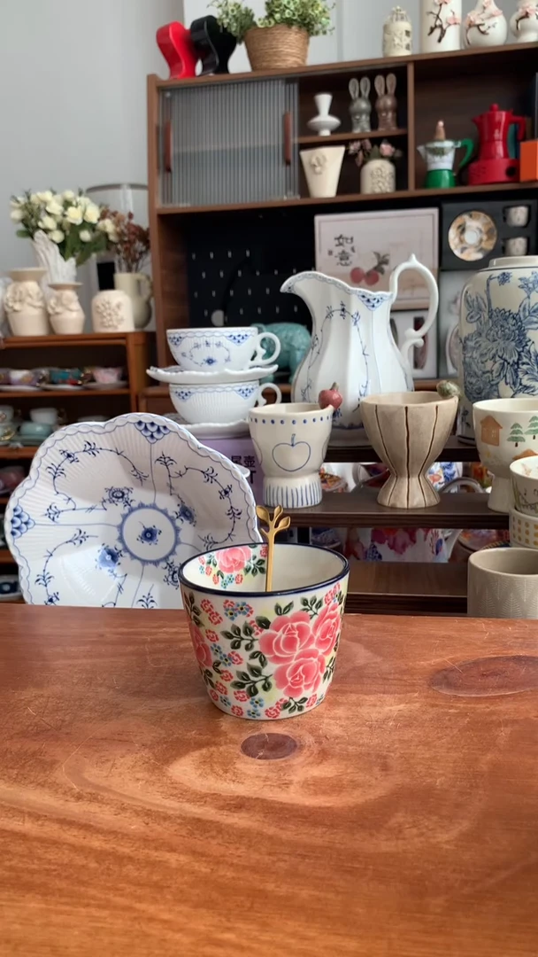 瓷【玫瑰】猪口杯【送勺】