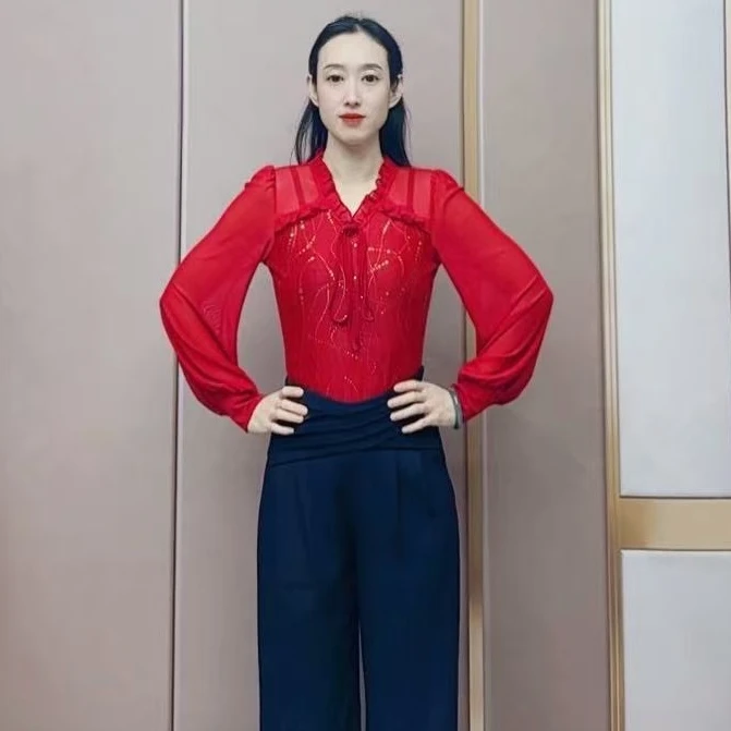 欢舞阁气质女士V领摩登双人舞吉特巴广场舞时尚长袖舞衣A0650