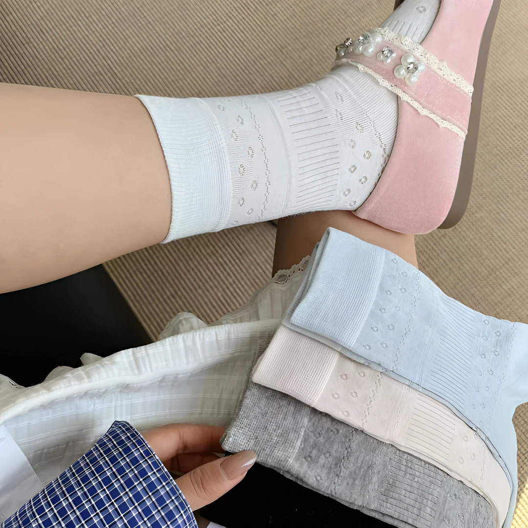 夏季薄款网眼镂空透气芭蕾风中筒袜ins韩版无骨堆堆袜子女日系风