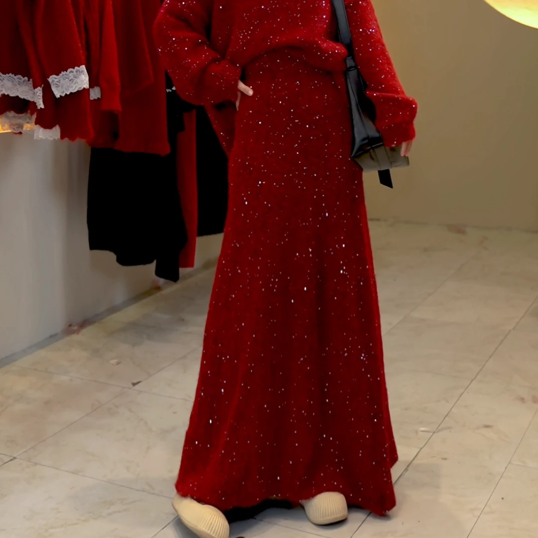 桔子甜了2024秋冬新款针织遮肉显瘦休闲半身亮片A裙半身裙女