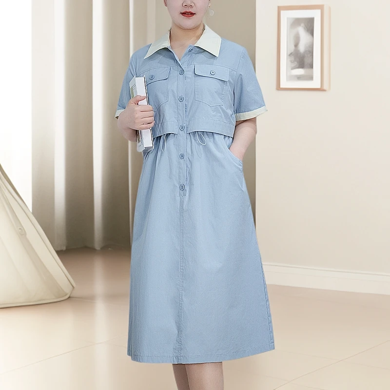 【洋洋】中长裙高腰高夏季常规连衣裙收腰拼接翻领裙子韩版中长款