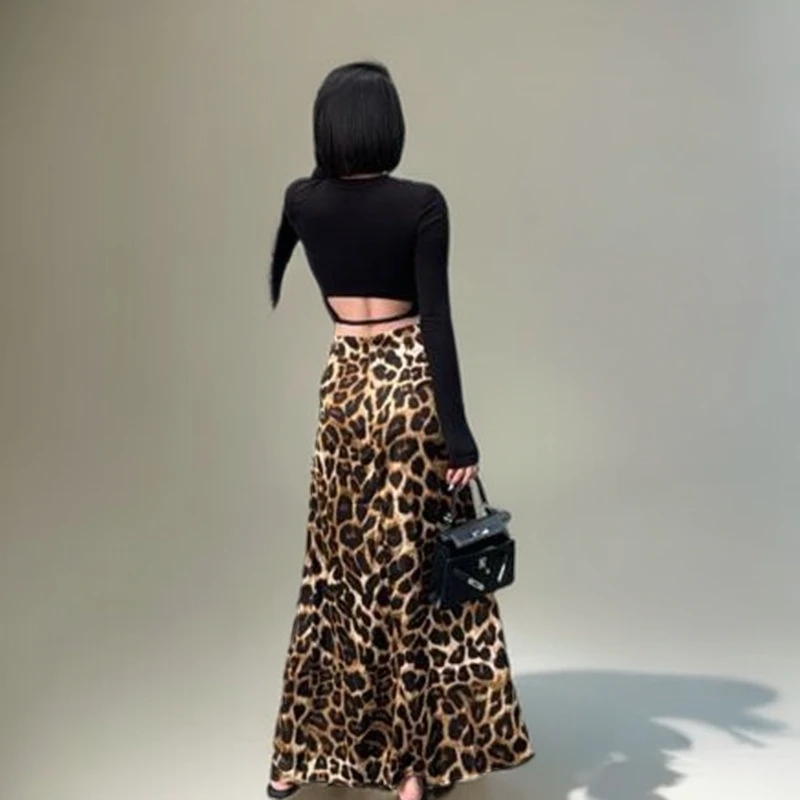 夏季潮流新款时尚豹纹开叉半身裙百搭设计感小众A字裙高腰长裙女