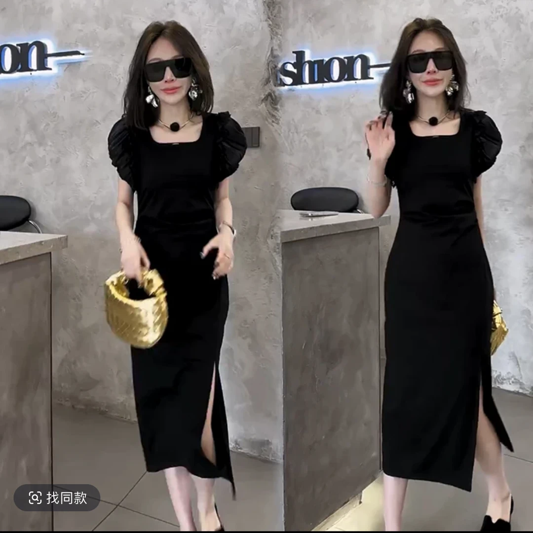 677法式方领连衣裙夏时尚新款修身简约显瘦泡泡袖侧开叉气质裙子