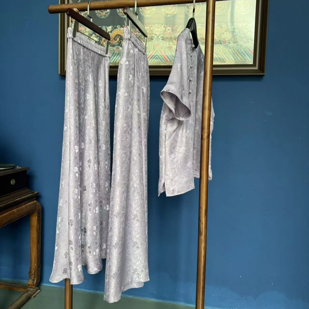 上海鉴界传统中国风衬衫花墨新年新中式桑蚕丝紫色打底衬衫