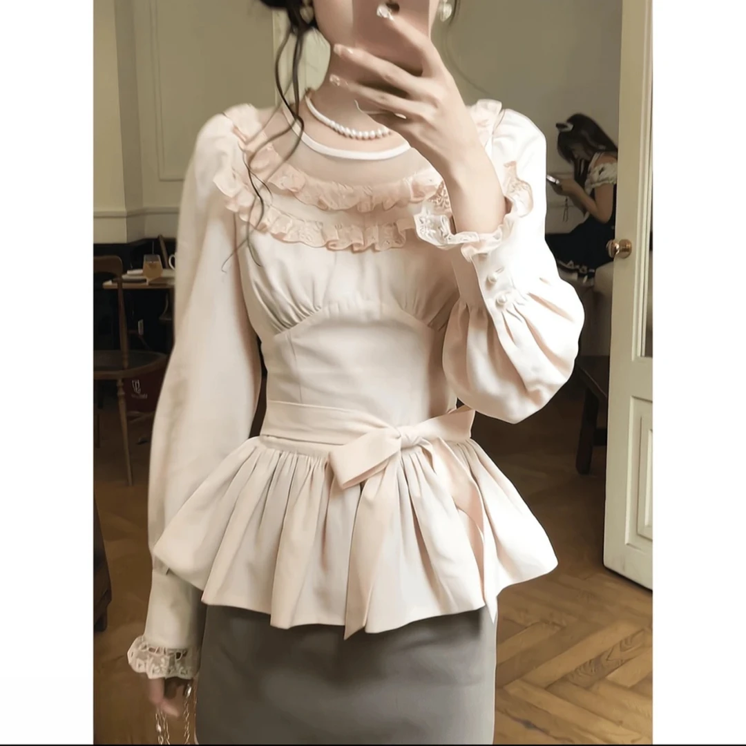 法式高级设计感蕾丝拼接蝴蝶结上衣女2025秋季新款高级感气质短裙