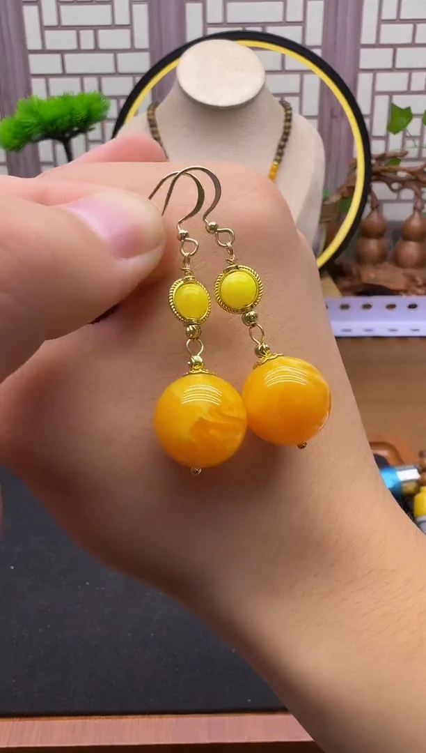 蜜蜡14K金镶嵌耳饰E155