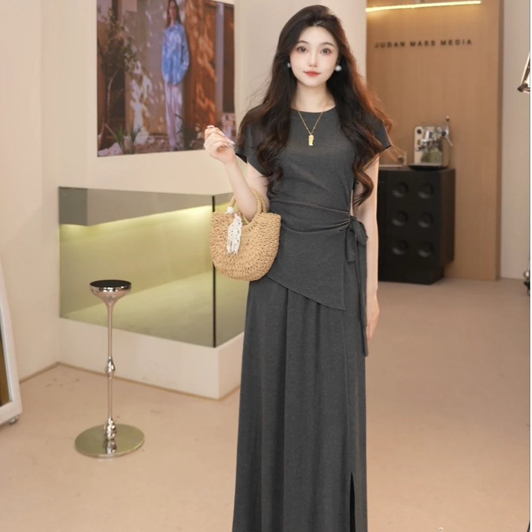 Basic House/百家好CSM韩版气质绑带收腰短袖上衣宽松半身裙套装