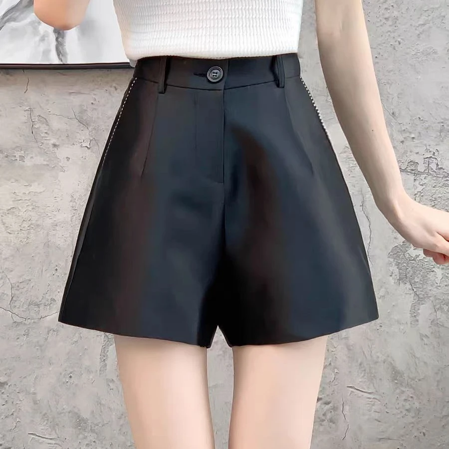 珠边线装饰西装短裤女夏季高腰A字型阔腿裤(A7-3)958