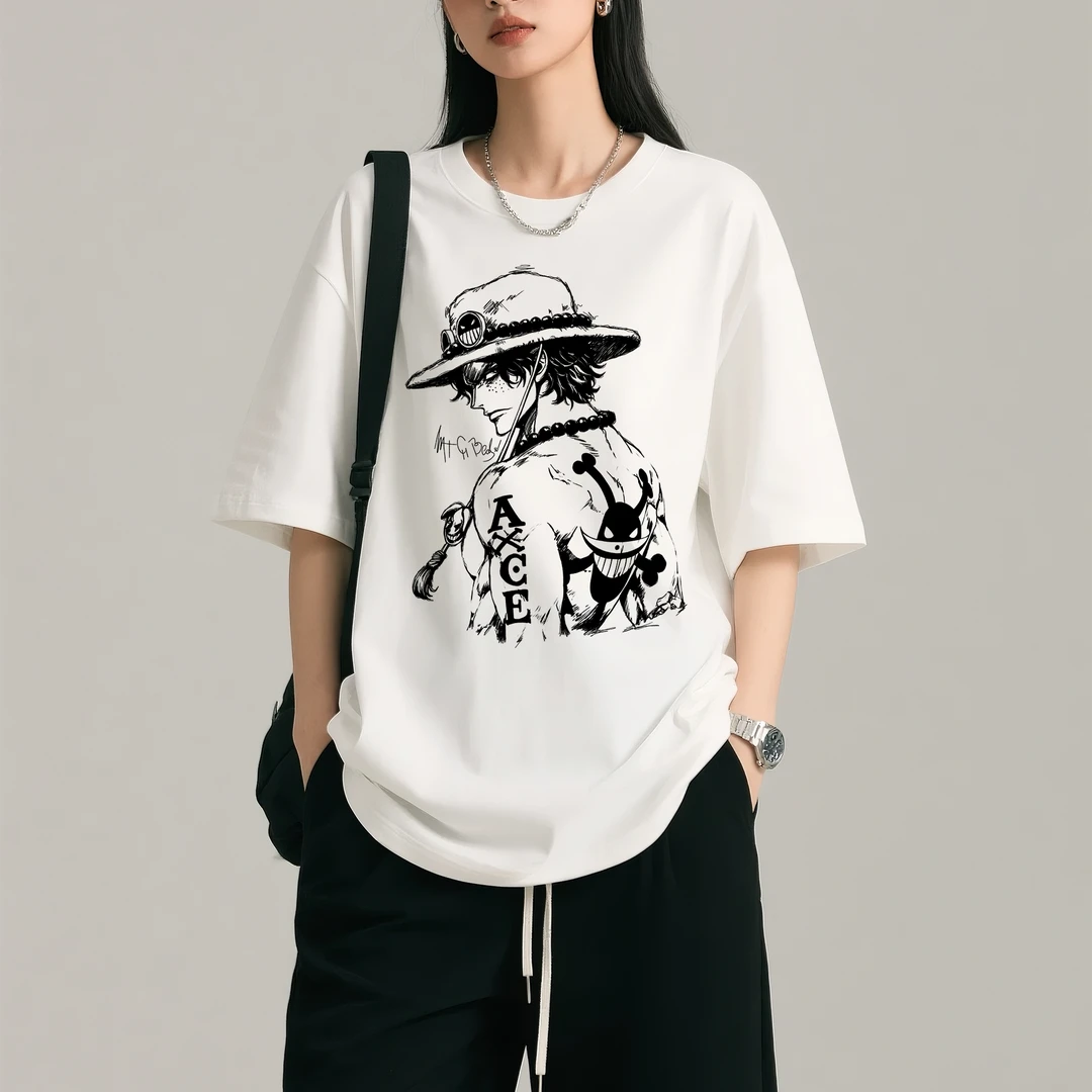 艾斯的蔑视素描效果宽松型圆领潮流夏季短袖极简风复古风T恤