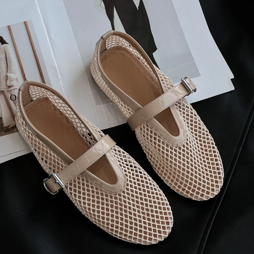 “诱惑”新款镂空渔网一字扣带芭蕾舞鞋女平底浅口网面透气玛丽珍