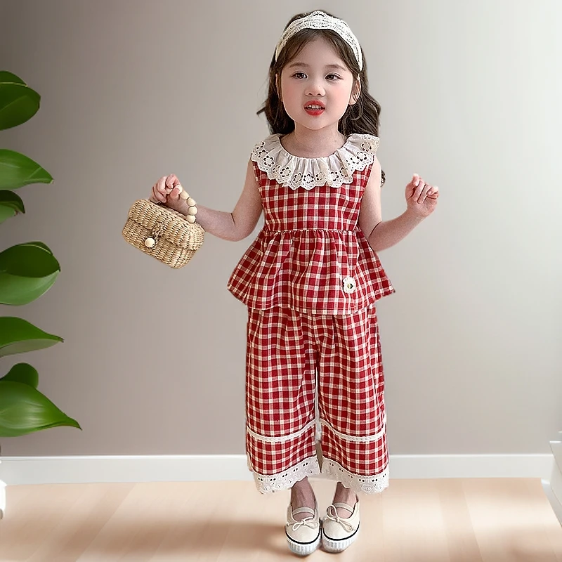 女童套装夏2025新款儿童洋气时髦女宝宝夏装格子背心阔腿裤两件套