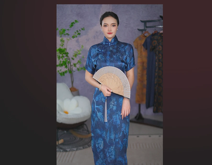 全开襟手工单旗袍中国风极简风日常旗袍印花中长款蓝色裙长135