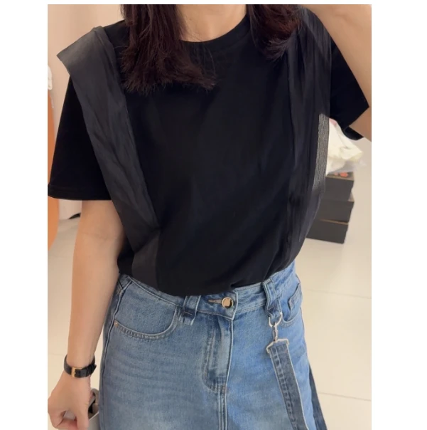 夏季圆领拼接雪纺拼纱洋气宽松纯色短袖T恤