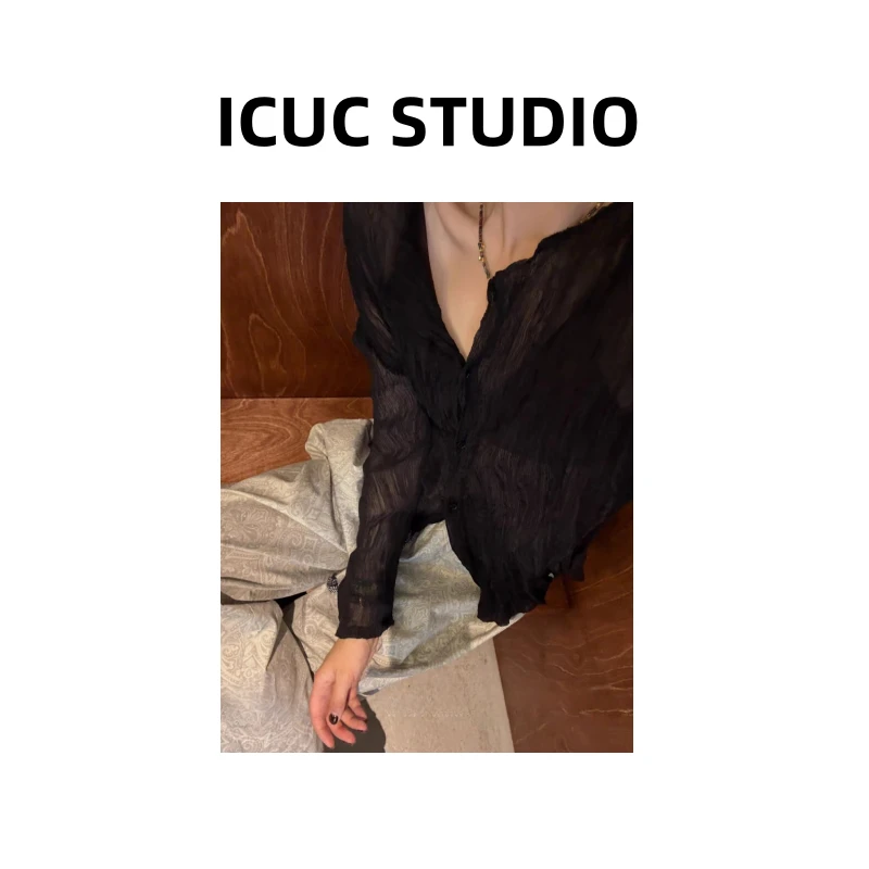 ICUC STUDIO-【日系柳条褶皱轻透长袖开衫】夏季新款显瘦打底8856