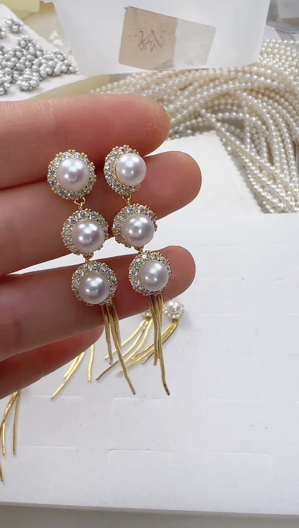 【闪购商品】淡水珍珠耳饰合金三珠流苏