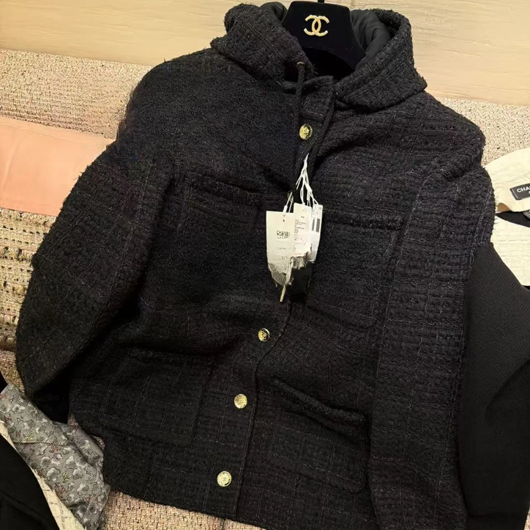 99新 Chanel/香奈儿 25B新款黑色中长款连帽编织多四袋外套46码