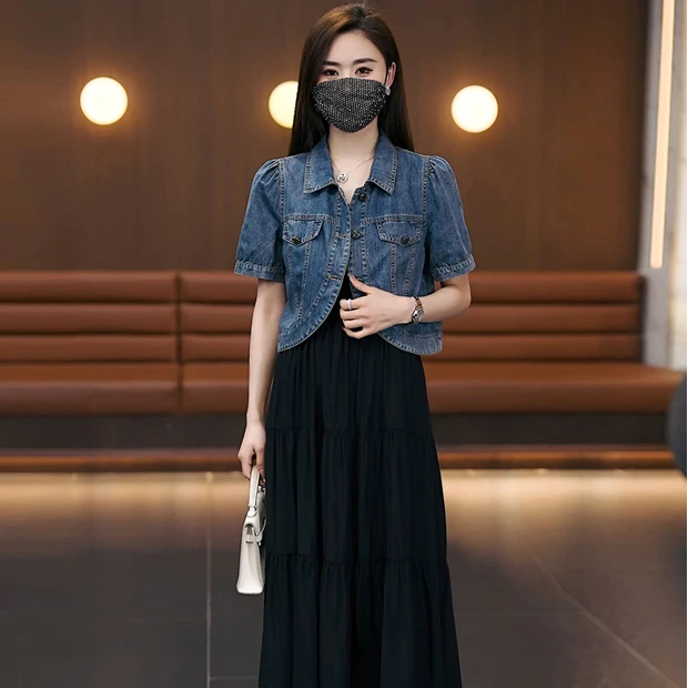 夏季短袖牛仔服外套女小个子2025新款黑裙外搭短袖上衣-3819+696