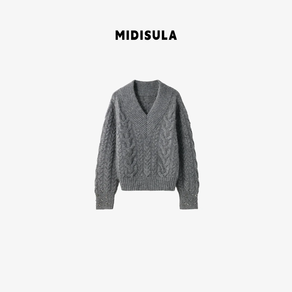 MDSL·新款时尚洋气轻奢简约百搭v领麻花亮钻羊毛衫#01852