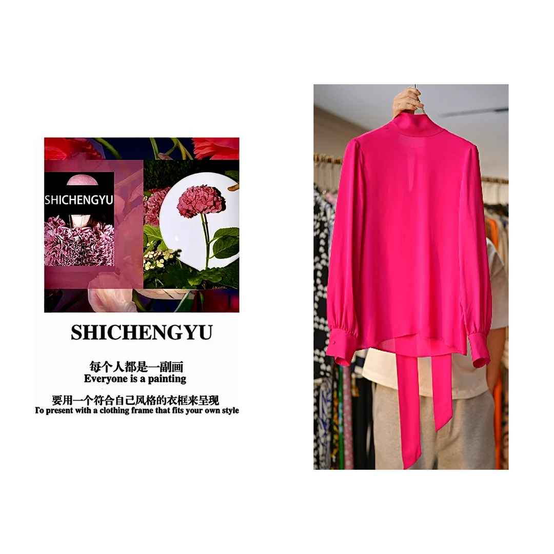 S004「SHICHENGYU」时尚设计师新款「白日玫瑰」玫红色飘带上衣