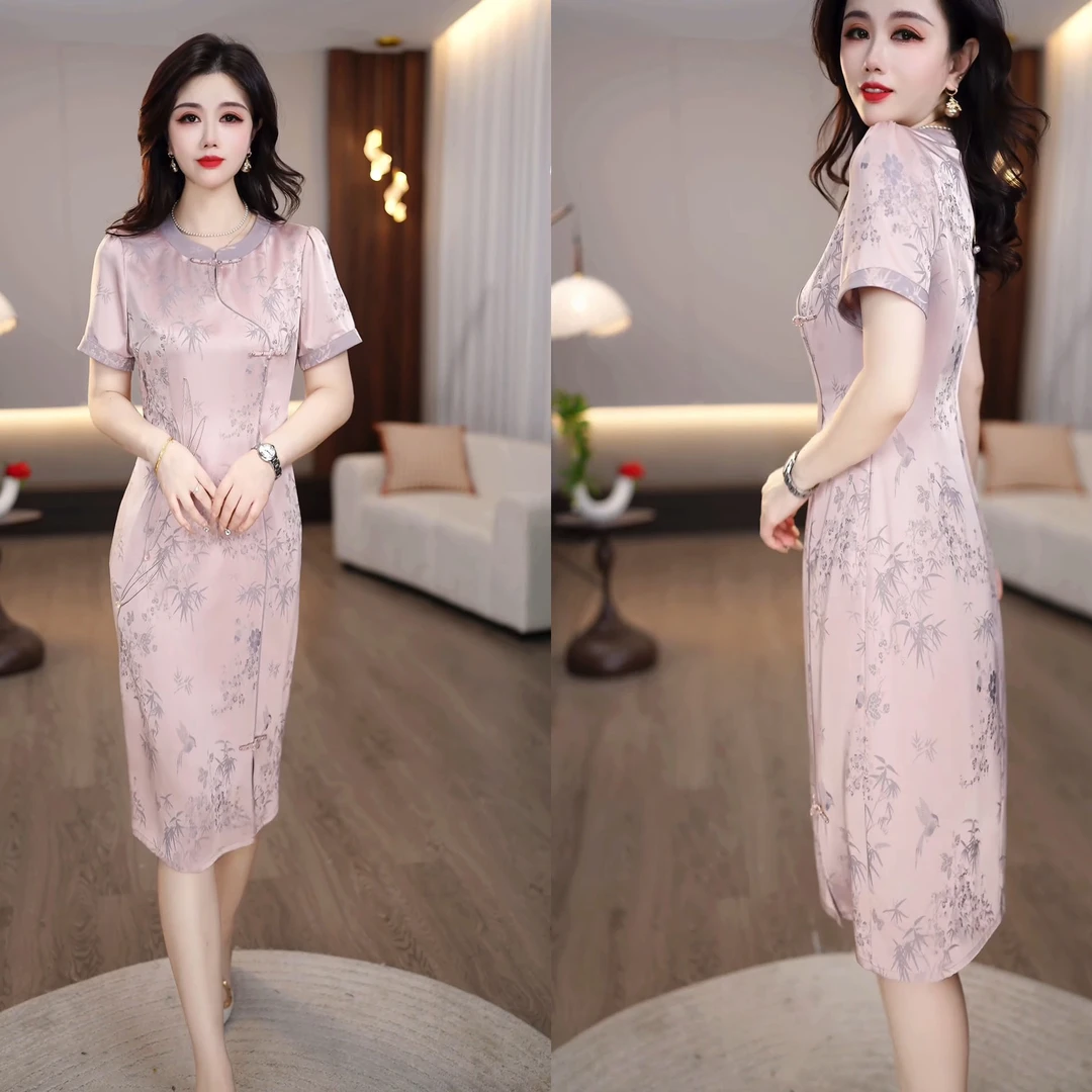 2025夏季新款粉紫色缎面提花新中式旗袍减龄显瘦气质连衣裙M-4XL