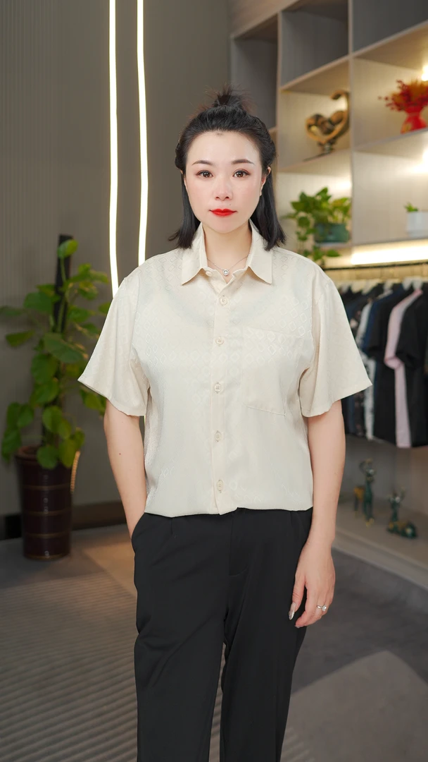 夏季桑蚕丝男士轻奢提花免熨缎面薄款百搭衬衣休闲高端短袖衬衫