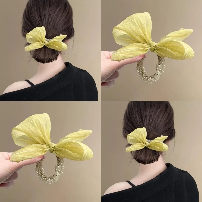 落日画廊~网纱蝴蝶结珍珠发圈头饰韩国后脑勺气质马尾头绳盘发器