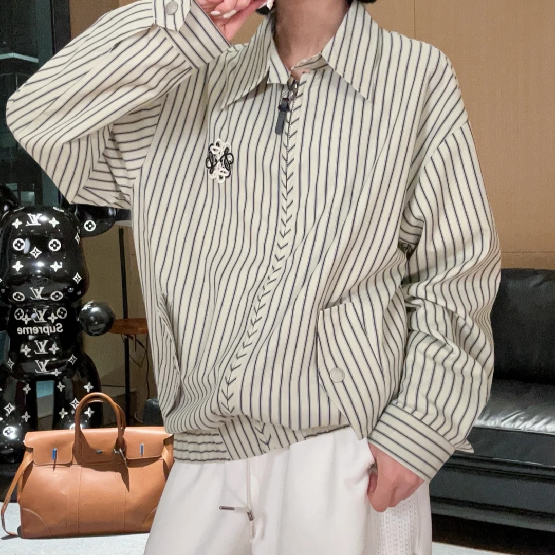 【媛媛专属】新款条纹休闲百搭男拉链宽松衬衫外套KLX-CHWT667313