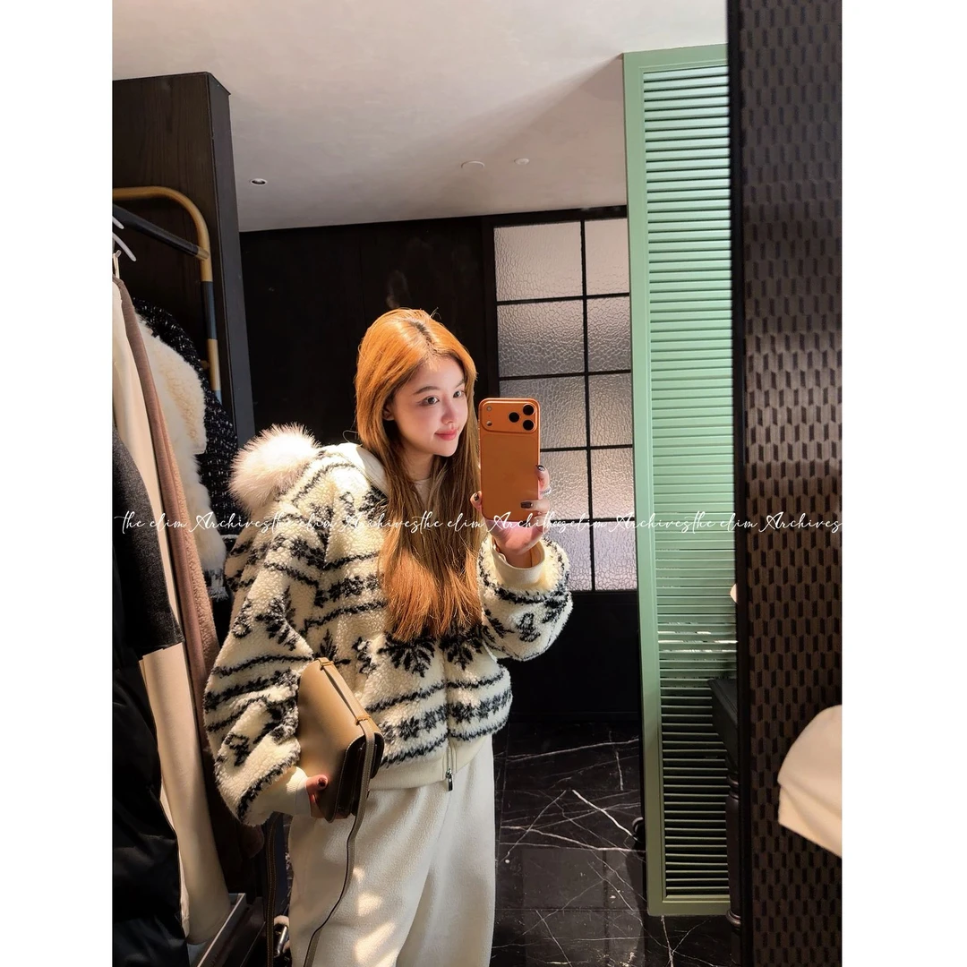 【以琳档案】w“圣晚雪松”米白雪花羊羔绒毛领外套女#LN029313