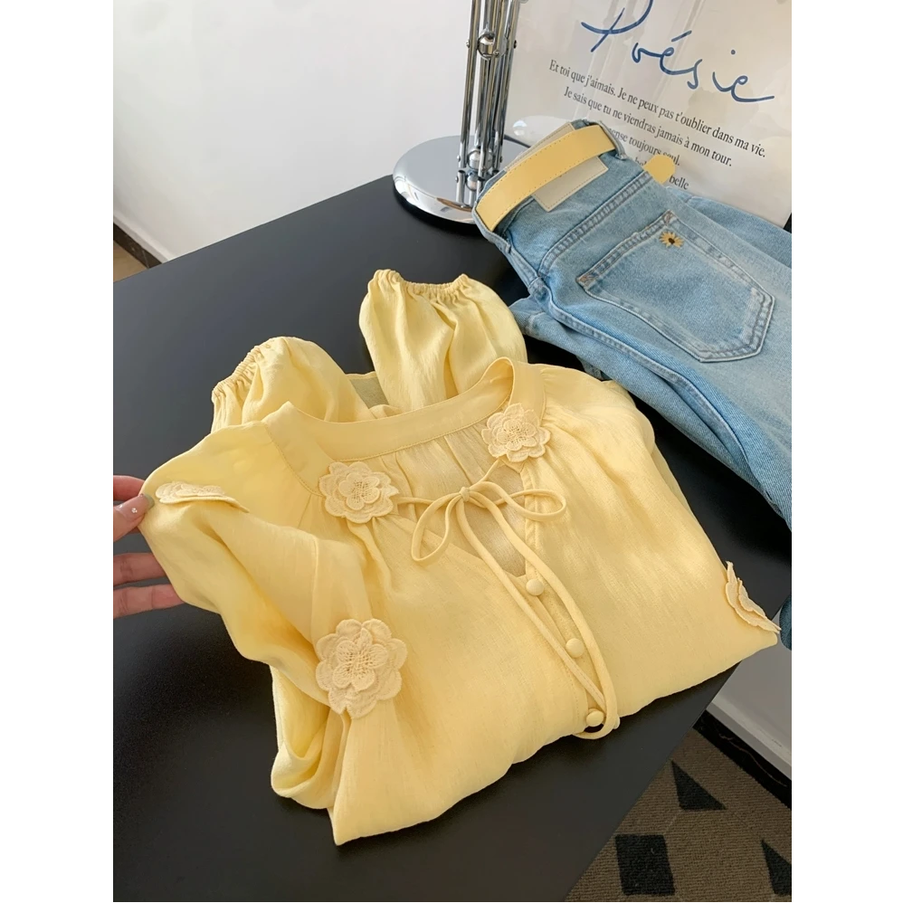 多巴胺黄色蝴蝶结衬衫女2025秋季上衣小个子设计感小众漂亮小衫