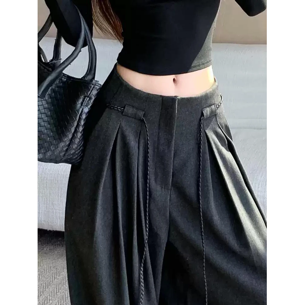 高级感灰色毛呢阔腿裤女秋冬新款高腰遮胯宽松垂坠感拖地长裤子