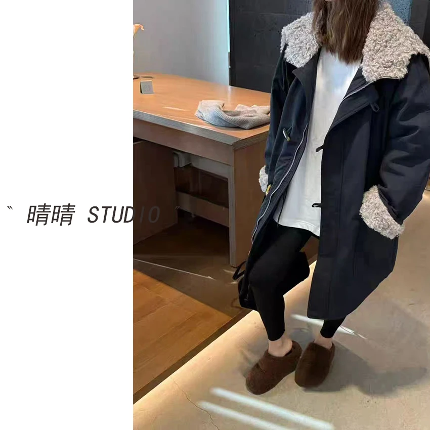 晴晴家-「韩女推荐」25年冬季韩系时尚大毛领牛角扣长款派克外套716