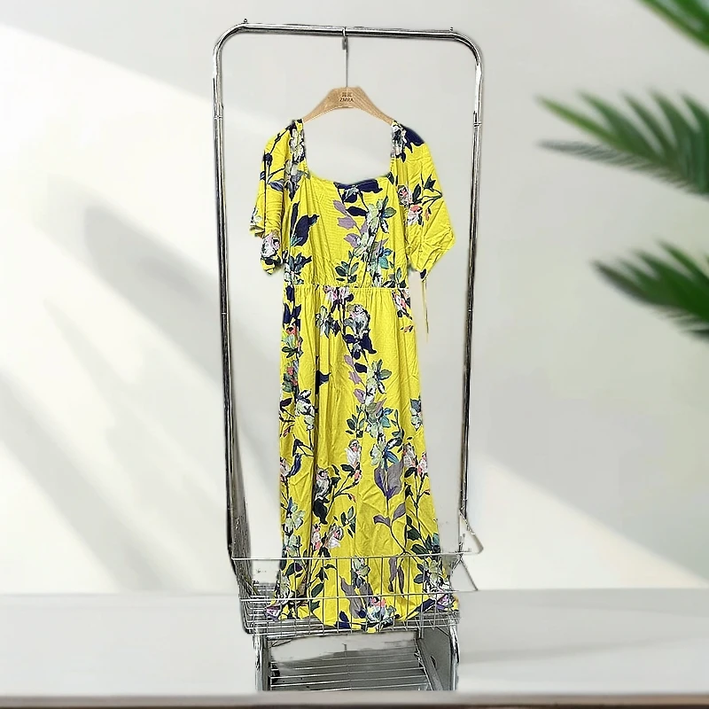 Q143中码 夏季新款宽松中长款方领花色短袖连衣裙女