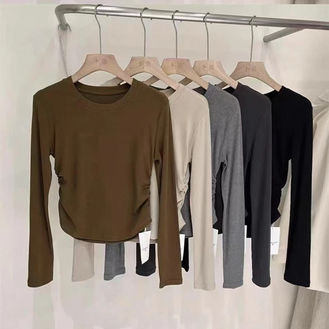 春季新款简约百搭时尚圆领褶皱纯欲风长袖上衣H3875