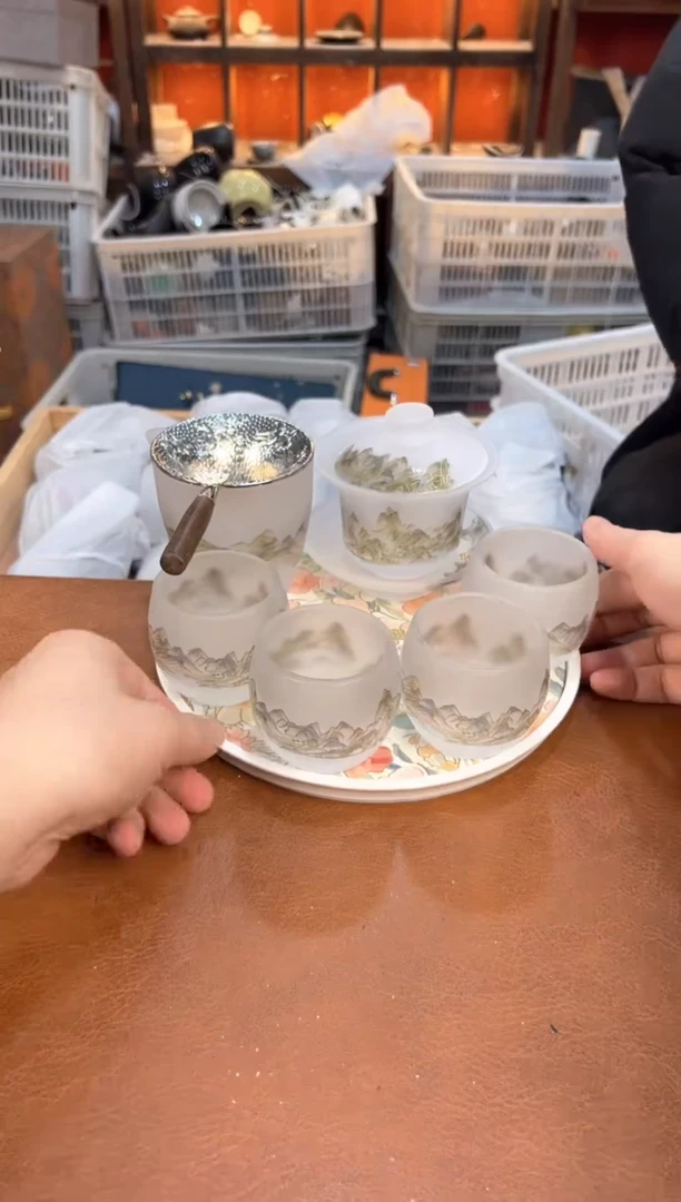 千里江山琉璃+茶漏+茶盘