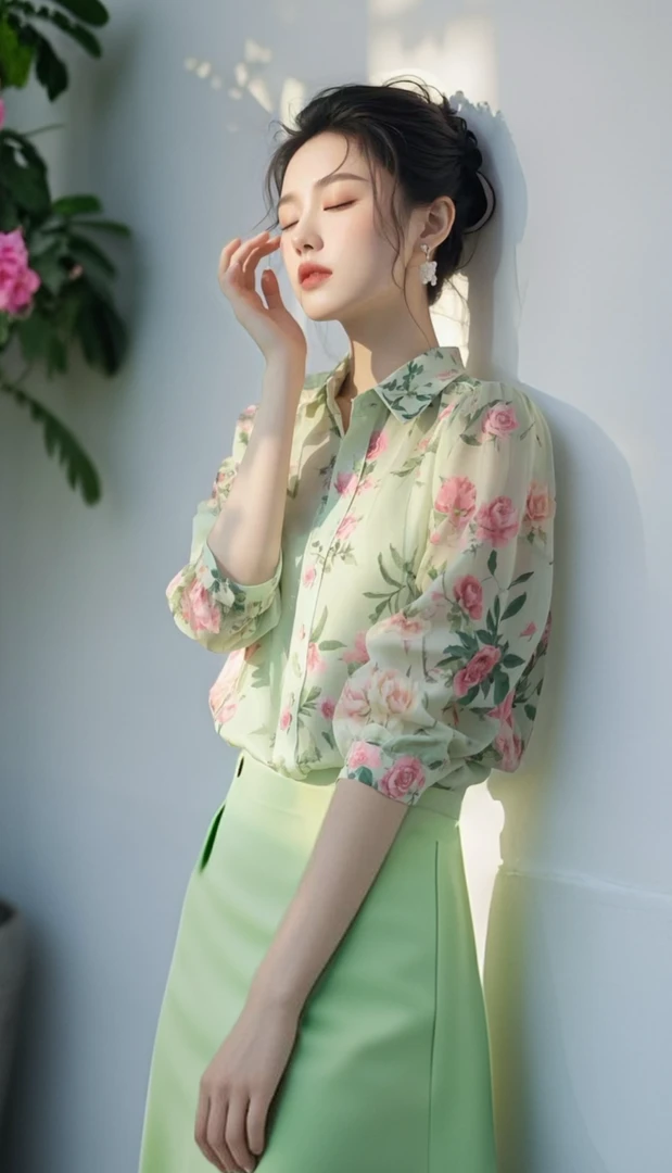 SS1176春款独特漂亮小衫法式高级感超好看气质绿色碎花雪纺衬衫