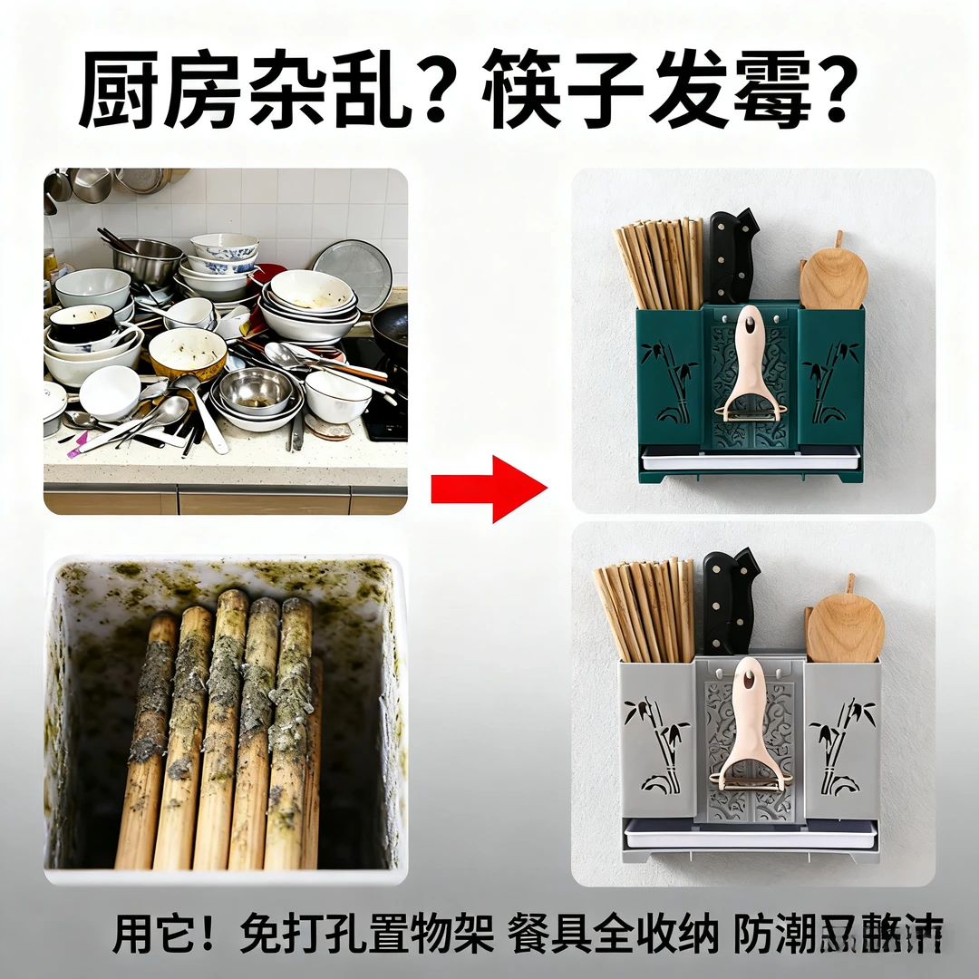 免打孔厨房多功能置物架筷子刀具收纳筒防潮沥水塑料收纳神器筷笼