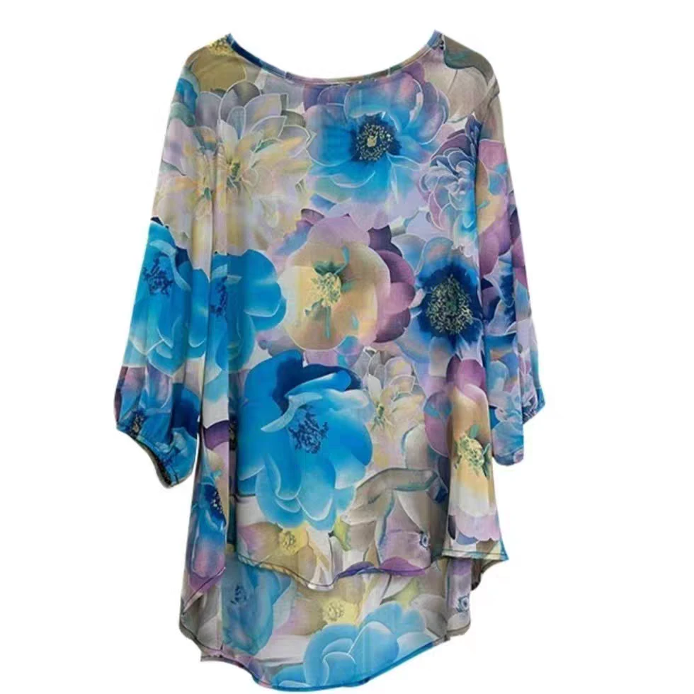 717荷塘月色女士短款印花渐变蓝色休闲女装