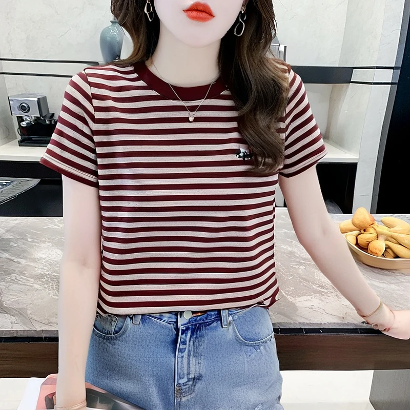 欧货条纹纯棉短袖T恤女2025夏季宽松新款刺绣休闲上衣服显瘦圆领