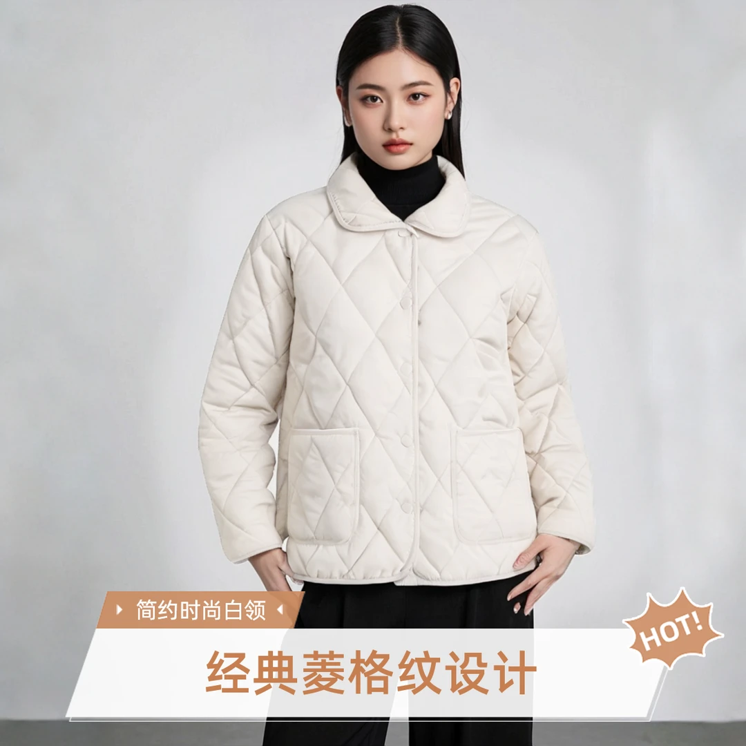 保暖羊毛秋冬款外套翻领短款轻薄菱形格柔软舒适