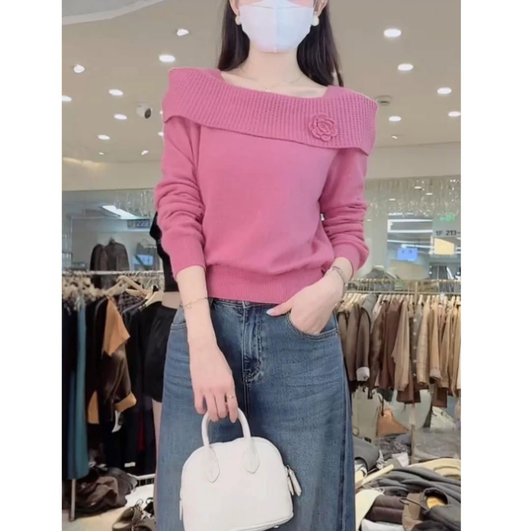 一字肩针织衫女2025新款秋装韩系显瘦别致立体花朵上衣长袖打底衫