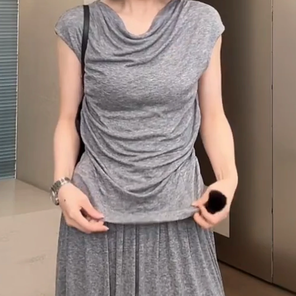 夏季新款舒弹显瘦纸片荡领设计感百搭上衣C5226