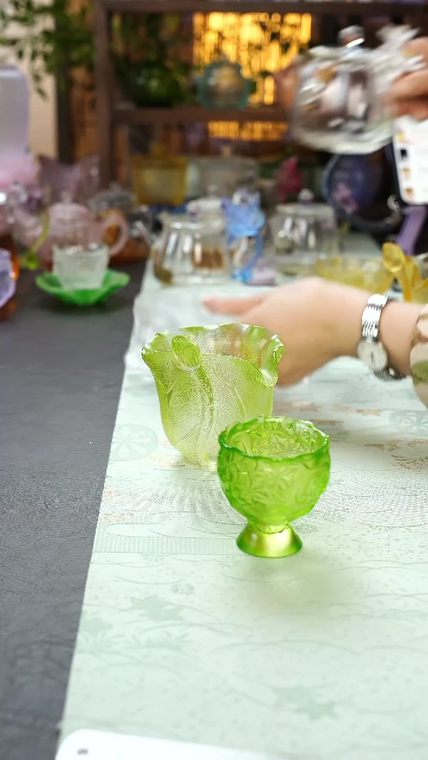 琉璃闪购午荷公道绿色+栀子茶杯